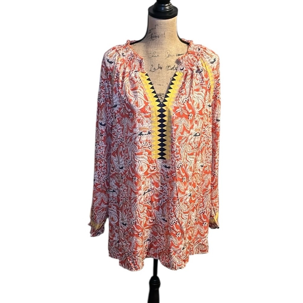 Vibrant Orange Floral Boho Smocked Long Sleeve Tunic